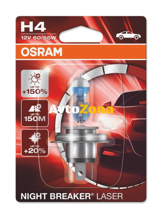 1 брой Халогенна крушка за фар Osram H4 Night Breaker Laser Next Gen + 150% ,60/55W 12V P43T Блистер - Avtozona