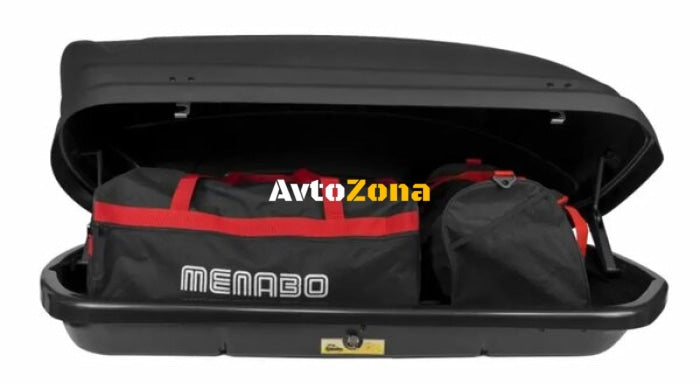 Автобокс Menabo Mania 138x79x37cm с едностранно отваряне с ключ 320 литра - черен - Avtozona