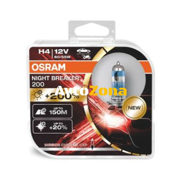 Комплект 2 халогенни крушки за фар Osram H4 Night Breaker + 200% 60/55W 12V P43T - Avtozona