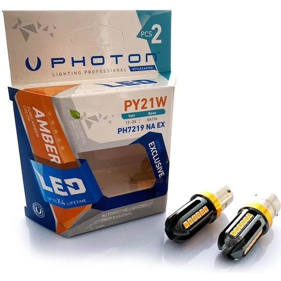 Комплект от 2 броя LED ЛЕД Крушки 24 SMD BA15S (P21W) 12V - 24V жълта / оранжева светлина EXCLUSIVE Photon - Avtozona