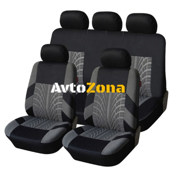Нова универсална текстилна авто тапицерия калъфи за автомобилни седалки пълен комплект 9 части в сиво-черно - Avtozona
