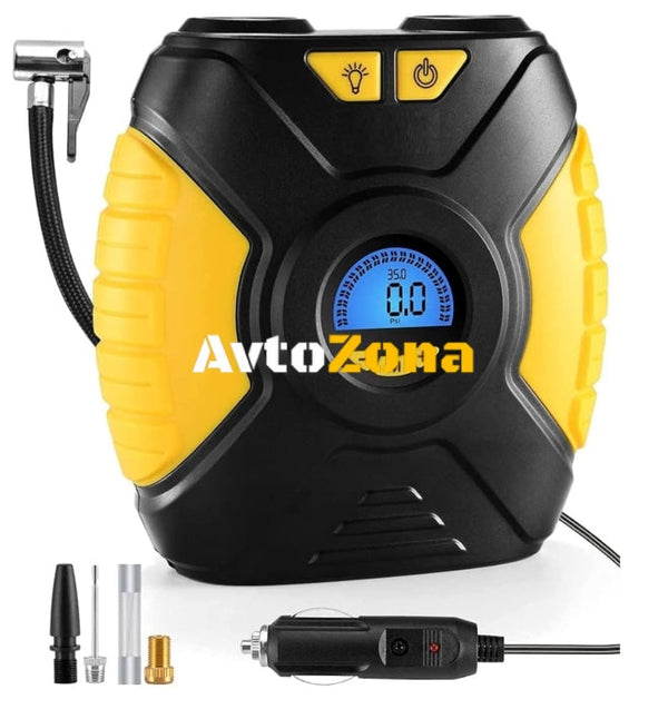 Преносим дигитален електронен компресор за въздух автомобилни гуми 12V + фенер 120W 10A 90Psi - Avtozona