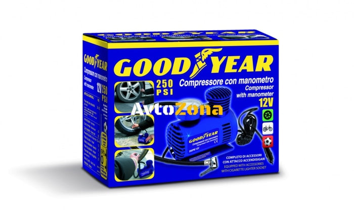 Преносим компресор за помпане на гуми с манометър + 3 накрайника STRONG 12 ATM 250PSI Goodyear Гудиър - Avtozona