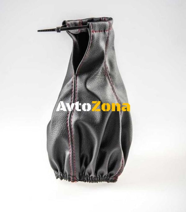 Универсален маншон калъф за скоростен лост от висококачествена еко кожа черен със червен шев - Avtozona