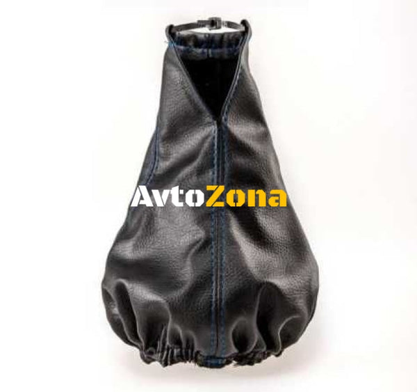 Универсален маншон калъф за скоростен лост от висококачествена еко кожа черен със син шев - Avtozona