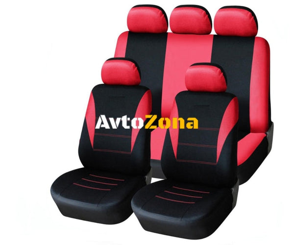 Универсална тапицерия пълен комплект калъфи за предни и задни цели седалки,текстил в червено-черно - Avtozona
