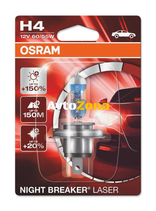 1 брой Халогенна крушка за фар Osram H4 Night Breaker Laser Next Gen +150% ,60/55W 12V P43T Блистер - Avtozona