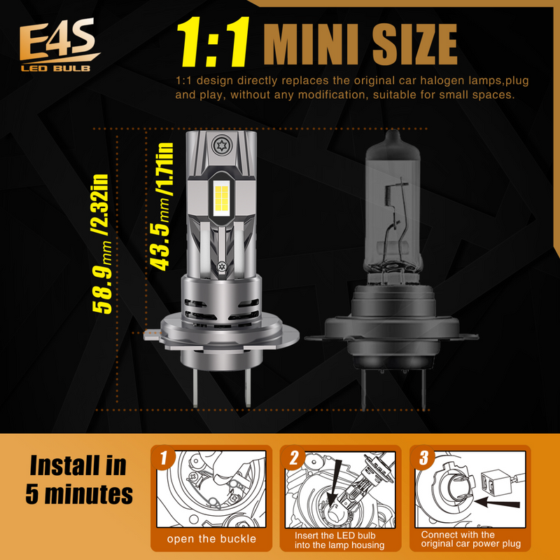 Мини LED крушки E4S H7/H18 50W 15000lm – Компактни и мощни за автомобил, мотоциклет и други