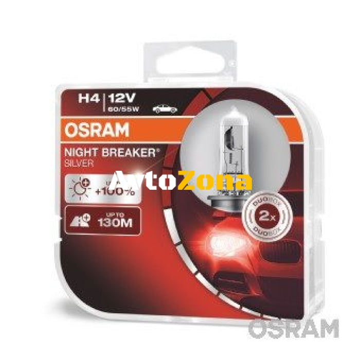 Комплект 2 халогенни крушки Osram H4 Night Breaker Silver + 100% 60/55W 12V P43T - Avtozona