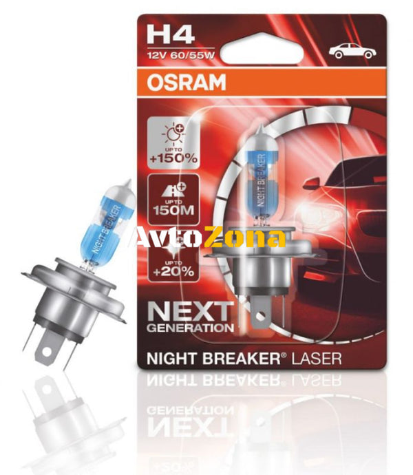 Комплект от 2 броя Халогенна крушка за фар Osram H4 Night Breaker Laser Next Gen + 150% ,60/55W 12V P43T - Avtozona