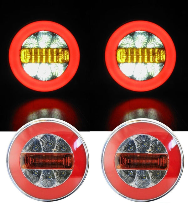 Комплект от 2 броя кръгли LED ЛЕД светодиодни стопове задна светлина с Neon неон ефект тип хамбургер 12V Ø14 см - Avtozona
