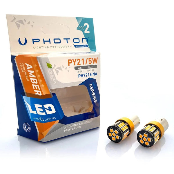 Комплект от 2 броя LED ЛЕД Крушки 36 SMD BAY15d (PY21/5W) 12V - 24V Жълта/Оранжева Светлина Жълти EXCLUSIVE Photon с 2 светлини - Avtozona