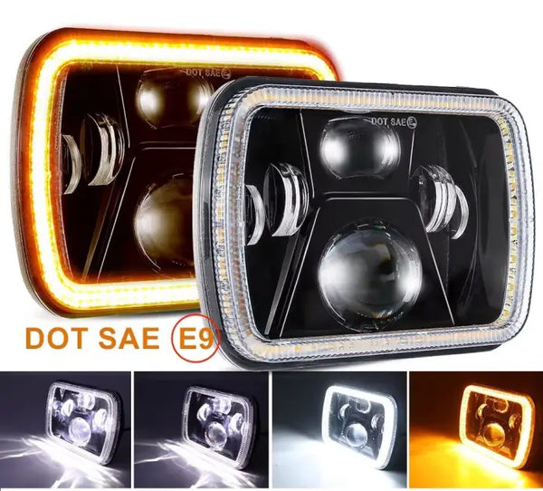 Комплект от 2бр. универсален 60W ЛЕД LED фар лампа халоген 12V-24V къси/дълги с DRL дневни светлини мигач бяло-жълто 20 x 14cm за АТВ джип