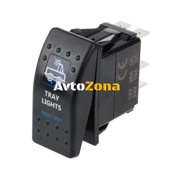 Копче Бутон За Вграждане за LED Лед Бар Халоген Задна Светлина 12V - 24V Надпис TRAY LIGHTS Синя Светлина - Avtozona