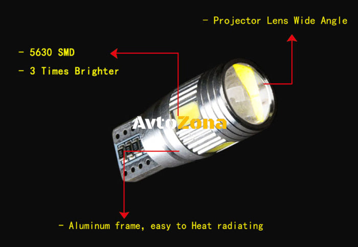 Лед Крушки За Габарит Т10 W5W LED 6 SMD Canbus 12V Бяла Светлина - Avtozona