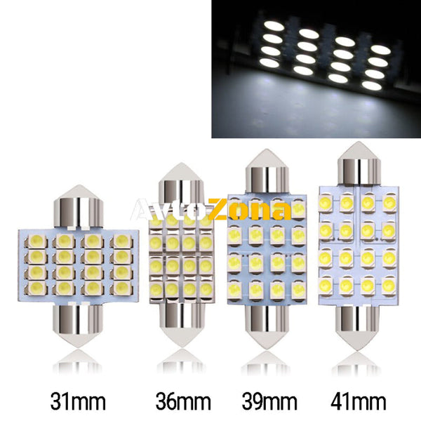 LED Лед Диодни Крушки 16 SMD 5050 31мм 36мм 39мм 41мм 12V Бяла Светлина - Avtozona