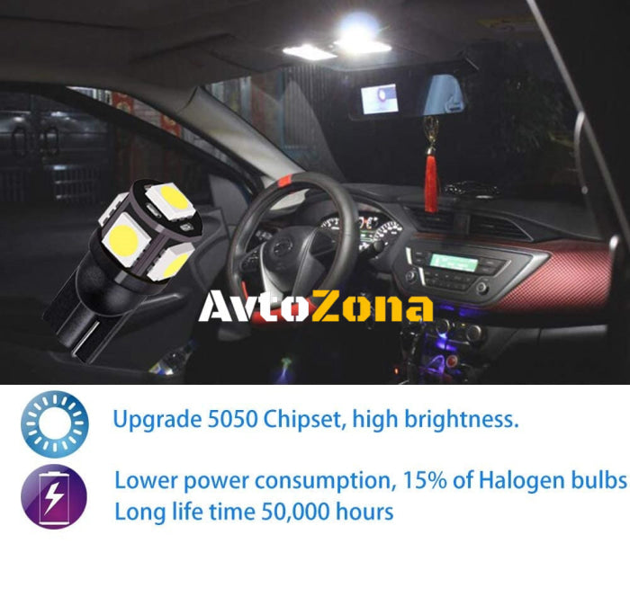 LED Лед Диодни Крушки За Габарит Т10 W5W 5 SMD 12V Бяла Светлина - Avtozona