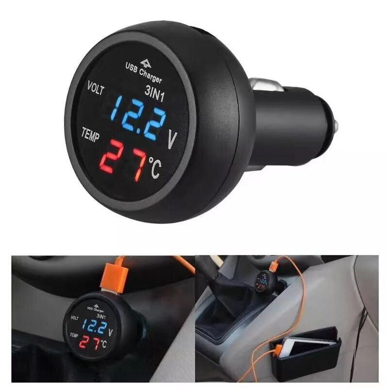 Мултифункционален дигитален уред 3 в 1 Волтметър Термометър и USB зарядно за автомобил - Avtozona