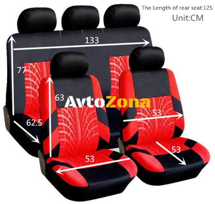 Нова универсална текстилна авто тапицерия калъфи за автомобилни седалки пълен комплект 9 части в червено-черно - Avtozona