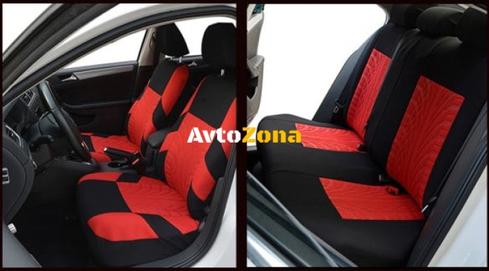 Нова универсална текстилна авто тапицерия калъфи за автомобилни седалки пълен комплект 9 части в червено-черно - Avtozona