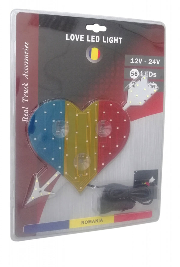 Сетодиодно светещo сърце в синьо-жълто-червено RO Romania флаг знаме Румъния 12V - 24V 54 LED ЛЕД - Avtozona