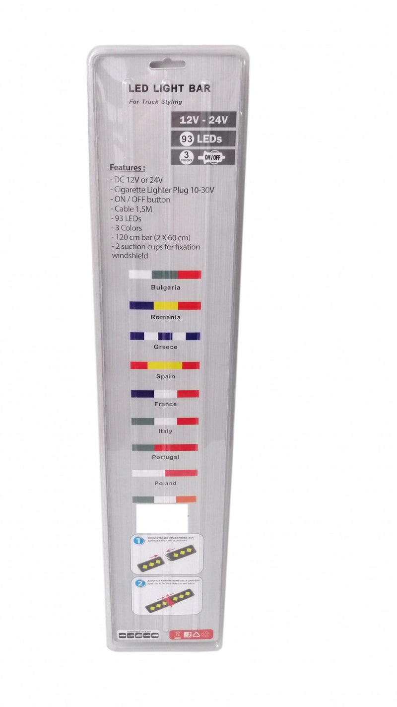 Светещ лед бар 120 cm (2 х 60 cm) 93 LED 12V - 24V синьо-жълто-червено RO Romania флаг знаме Румъния - Avtozona