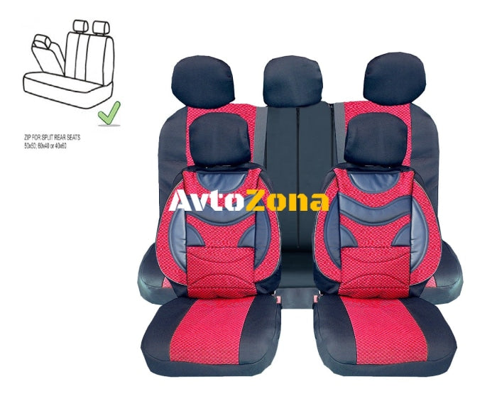 Универсална Авто Тапицерия Пълен Комплект Premium Еко Кожа и Текстил Червена Делима Задна Седалка 9 части - Avtozona