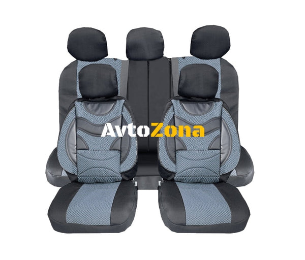 Универсална Авто Тапицерия Пълен Комплект Premium Еко Кожа и Текстил Сива Делима Задна Седалка 9 части - Avtozona