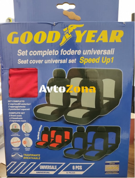 Универсална тапицерия пълен комплект калъфи за предни и задни цели седалки от текстил в червено-черно Goodyear Гудиър - Avtozona