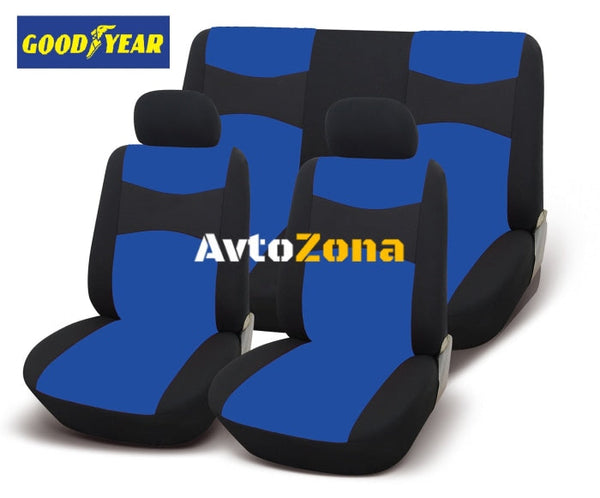 Универсална тапицерия пълен комплект калъфи за предни и задни цели седалки от текстил в синьо-черно Goodyear Гудиър - Avtozona