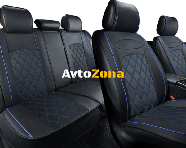 Универсални кожени тапицерии за автомобил 5 части Черно със синьо - Avtozona