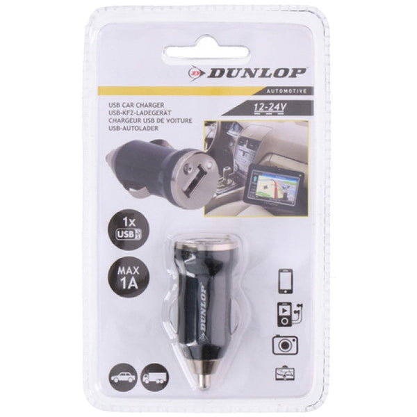 Универсално зарядно за автомобил USB 12V - 24V волта 1 ампер черно Dunlop - Avtozona