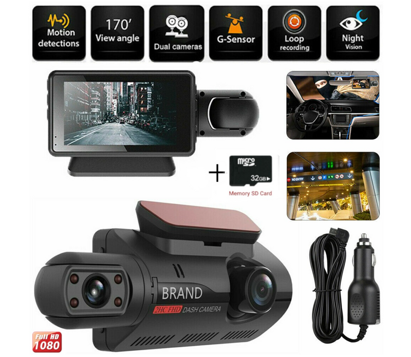 Авторегистратор с 2 Камери Full HD 1080P + 32GB Micro SD Карта – Пълно Покритие и Сигурност на Пътя 🚗📹